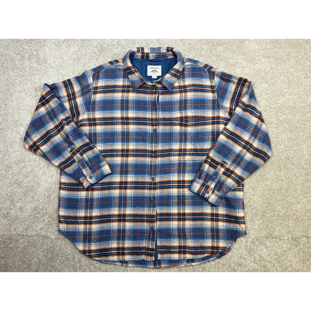 American Eagle Men's Plaid Flannel Shirt Long Sleeve Button Up Blue Orange Thick